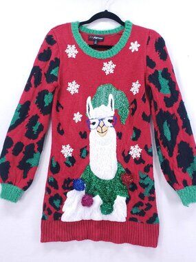 33 Degrees Ugly Christmas Sweater Mini Dress Size XS Red Leopard Llama Holiday